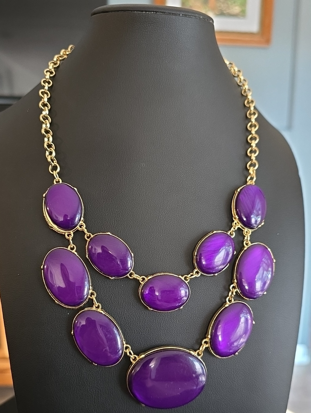 Gold Chain Statement Necklace with Purple Cabochons